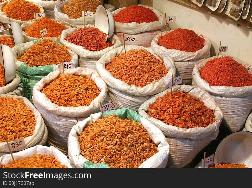 Market Stall in Thailand selling various sizes of Dried Shrimp. Market Stall in Thailand selling various sizes of Dried Shrimp.