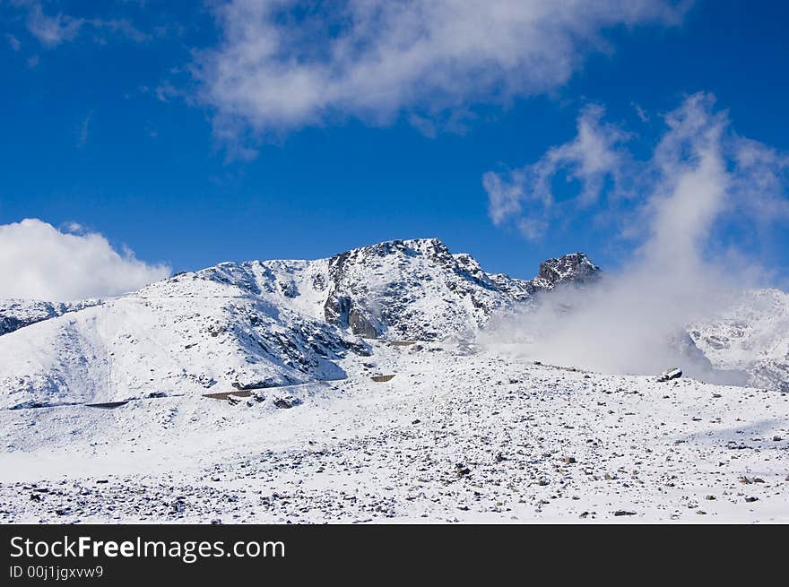 Snowy mountain top with blue sky