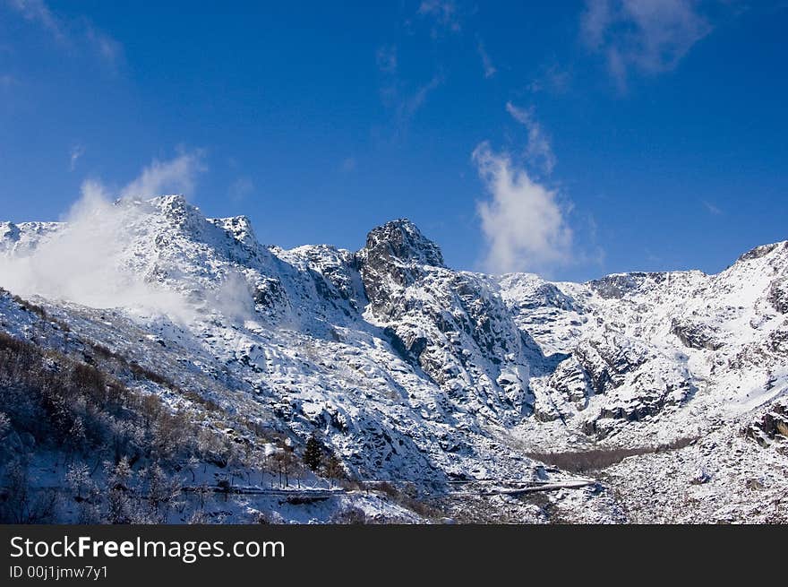 Snowy mountain top with blue sky