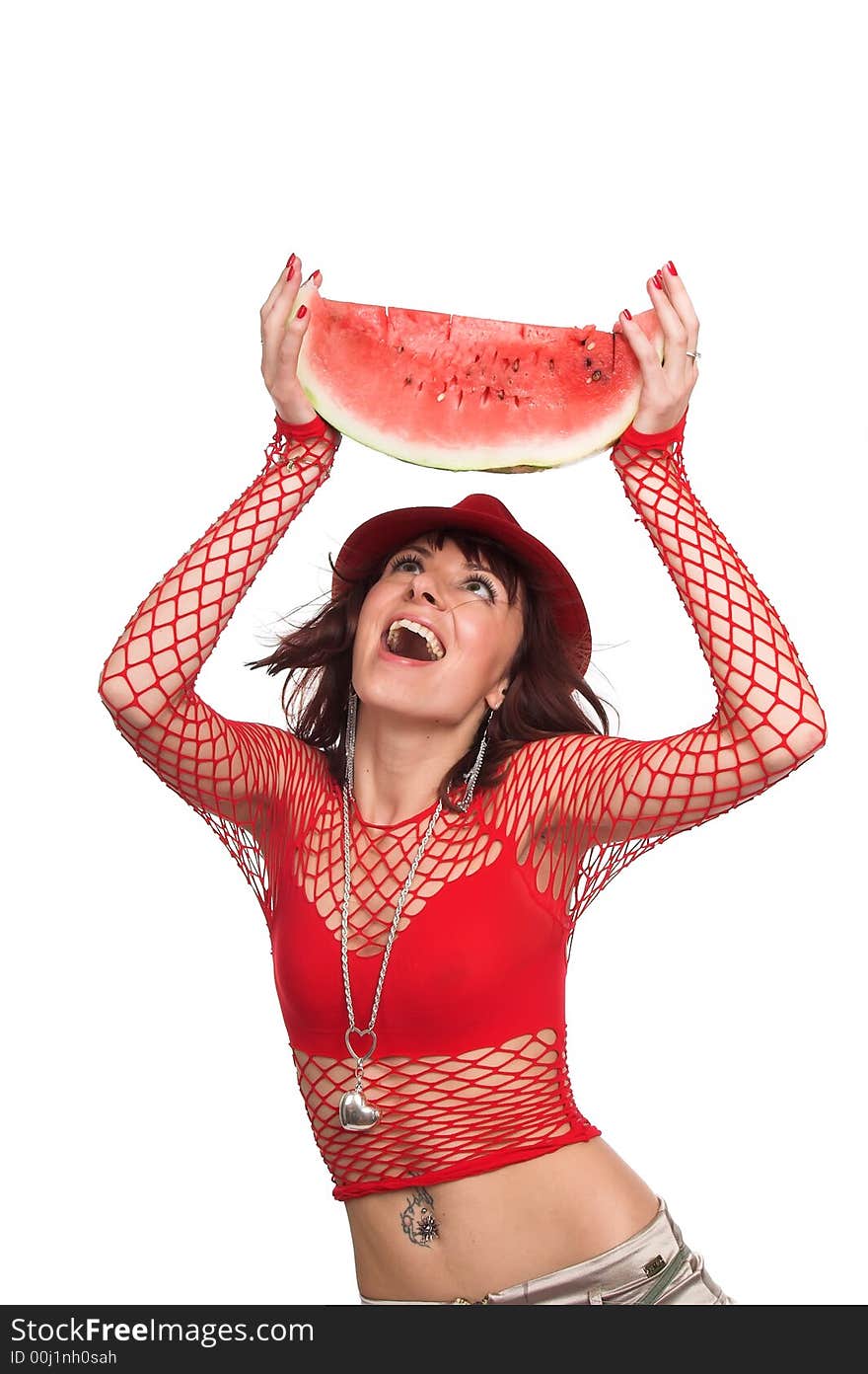 The girl eats a water-melon