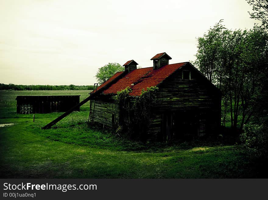 Decrepit barn with red roof in a field of green grass