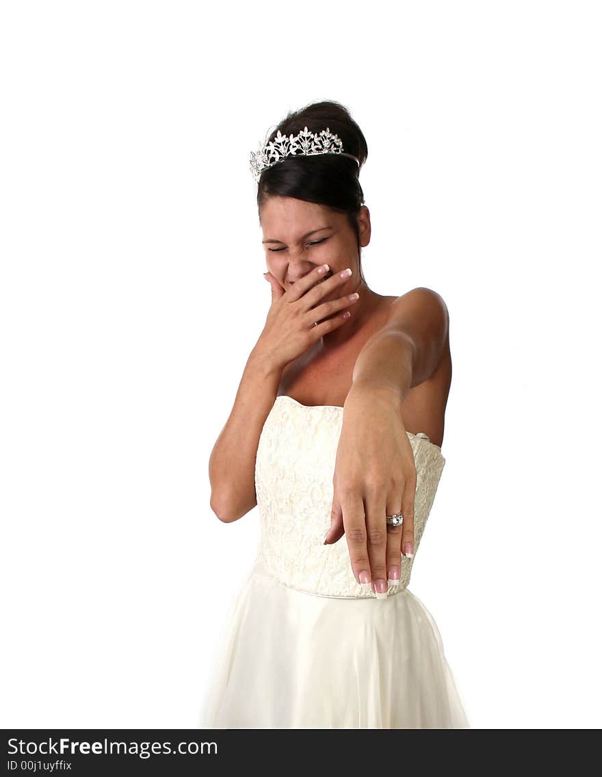 Woman in Wedding Dress Showing Her Diamond Ring: Ring is in Focus, Bride is Not. Woman in Wedding Dress Showing Her Diamond Ring: Ring is in Focus, Bride is Not