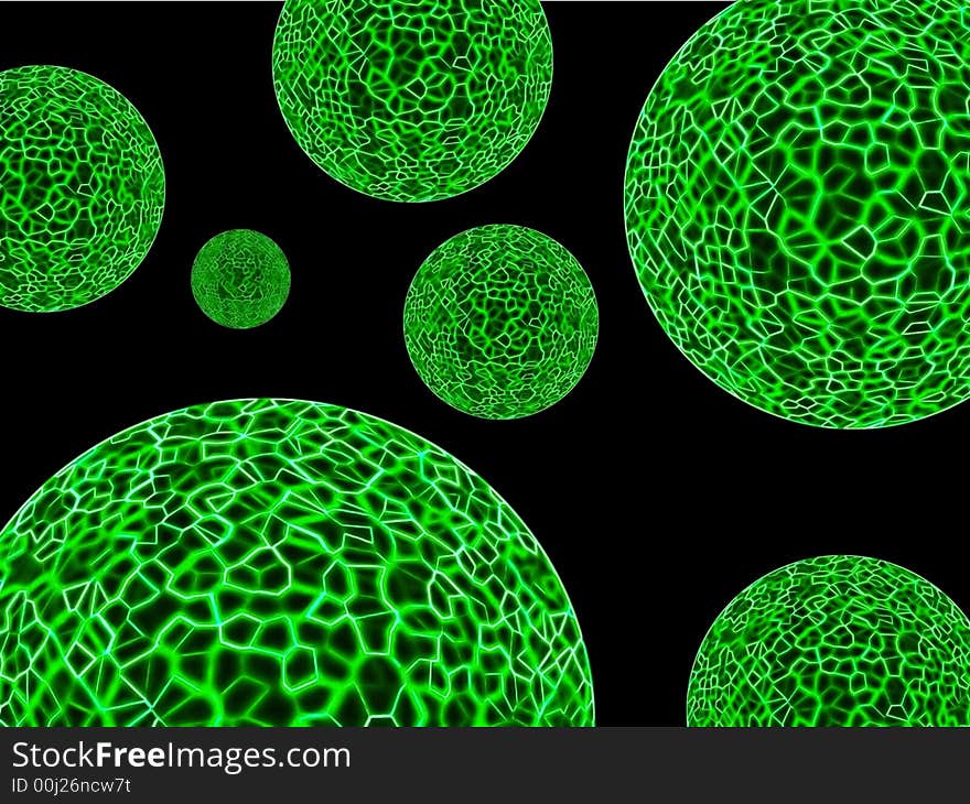 Image of glowing green filament spheres