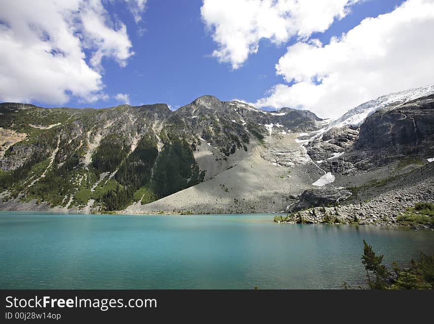 Glacial lake in mountains surrounded by high glaciers, blue sky and clouds