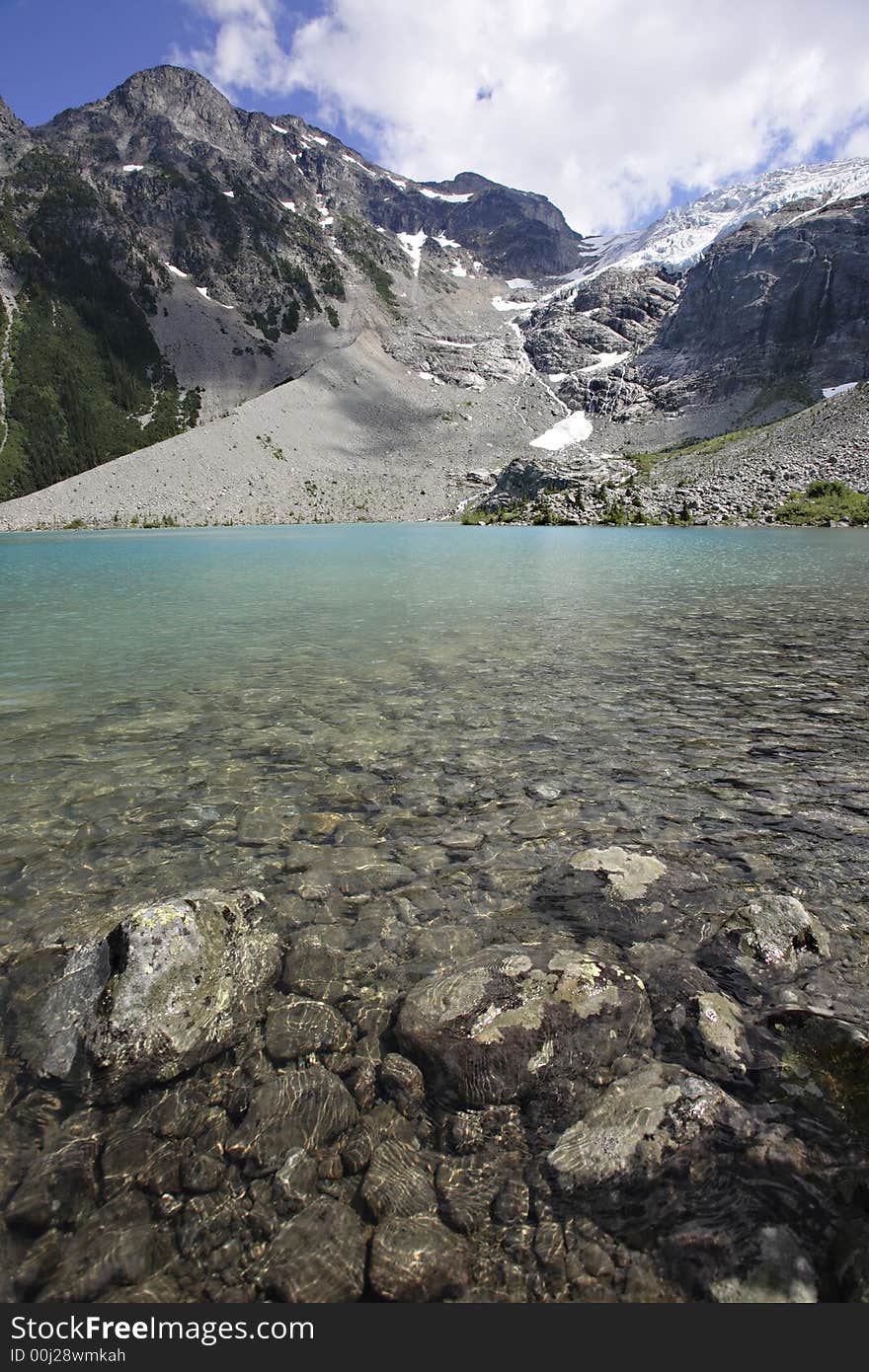 Glacial lake with glacier in background, blue sky and clouds