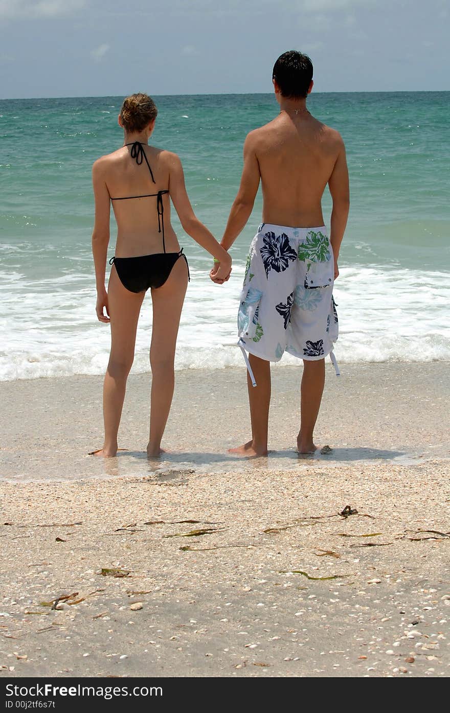 A young couple holding hands on the beach looking at the ocean. A young couple holding hands on the beach looking at the ocean