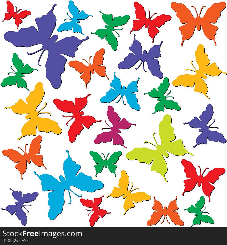 Seamless wallpaper tile background colorful. Multi color butterflies on white background. Seamless wallpaper tile background colorful. Multi color butterflies on white background.