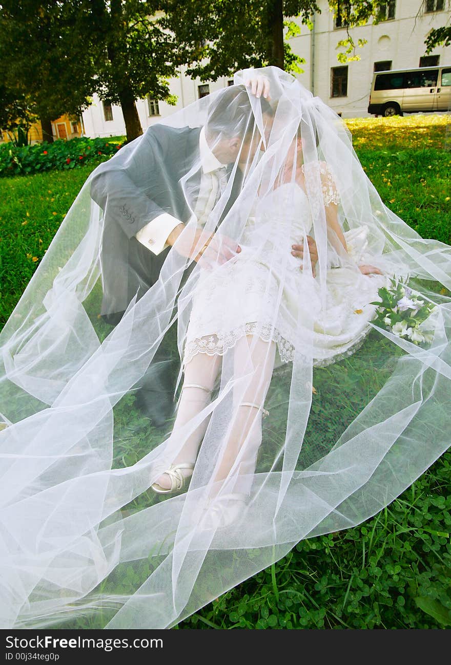 The groom and the bride are covered by a veil