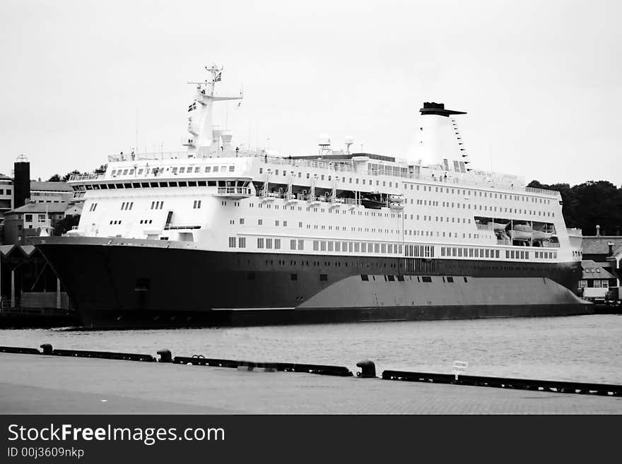 A large ferry boat in a port, monochrome photo. BEAUTY OF NORWAY COLLECTION ». A large ferry boat in a port, monochrome photo. BEAUTY OF NORWAY COLLECTION »