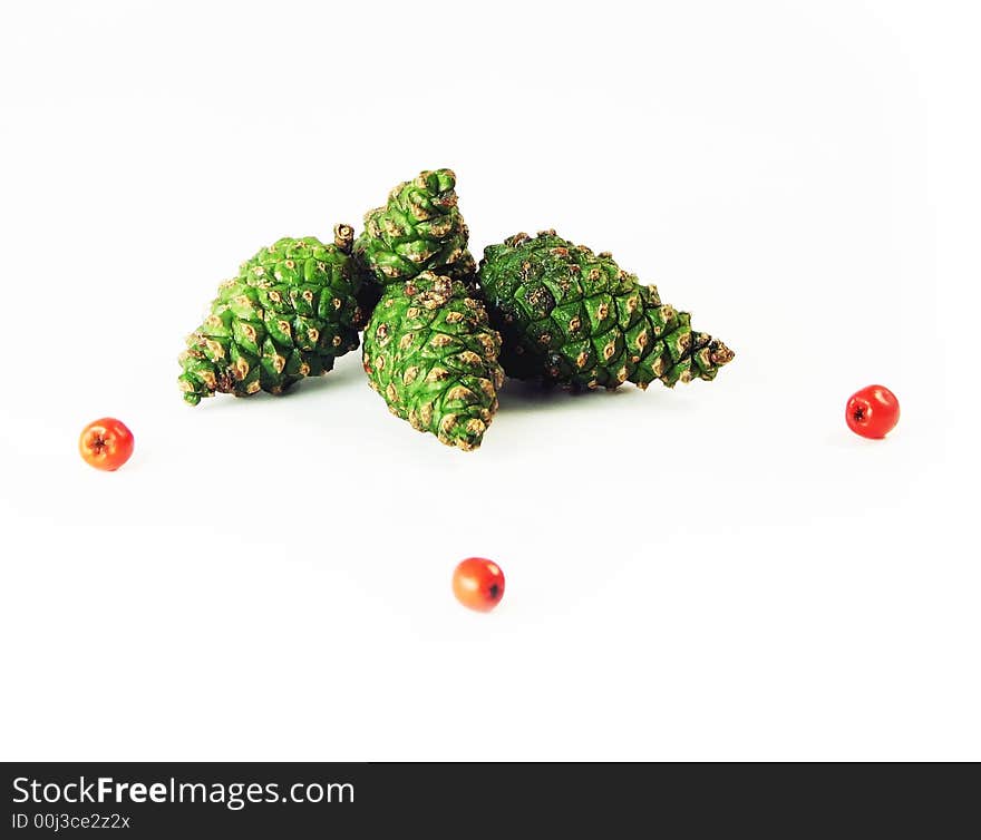 Nature, forest:  four green pine cones and three friuts rowan on wite background. Nature, forest:  four green pine cones and three friuts rowan on wite background