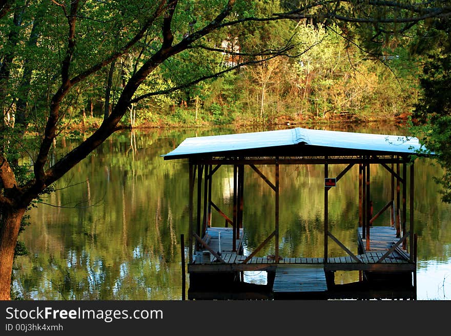 A prvate boat dock on a tennessee lake. A prvate boat dock on a tennessee lake