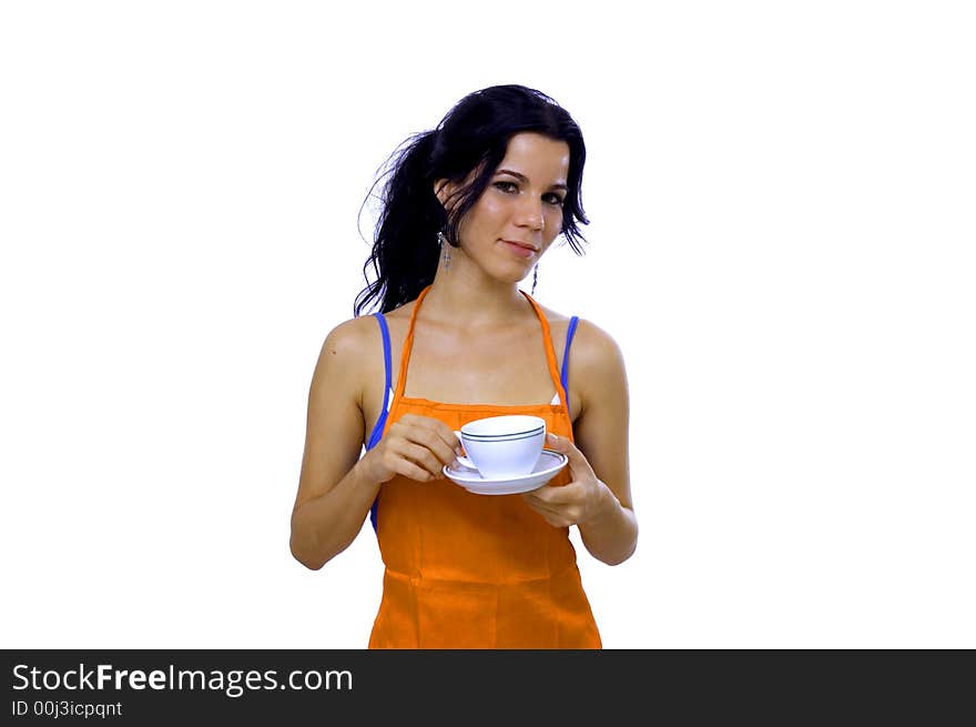 Young cook girl on a coffee break - isolated over white background. Young cook girl on a coffee break - isolated over white background