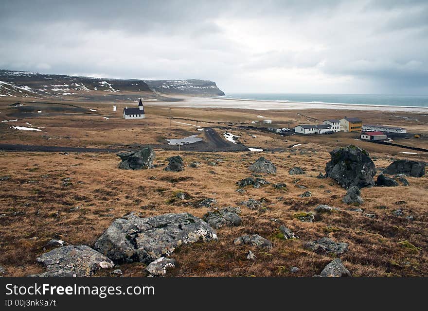 Latrabjarg, Iceland, grass houses and rocks