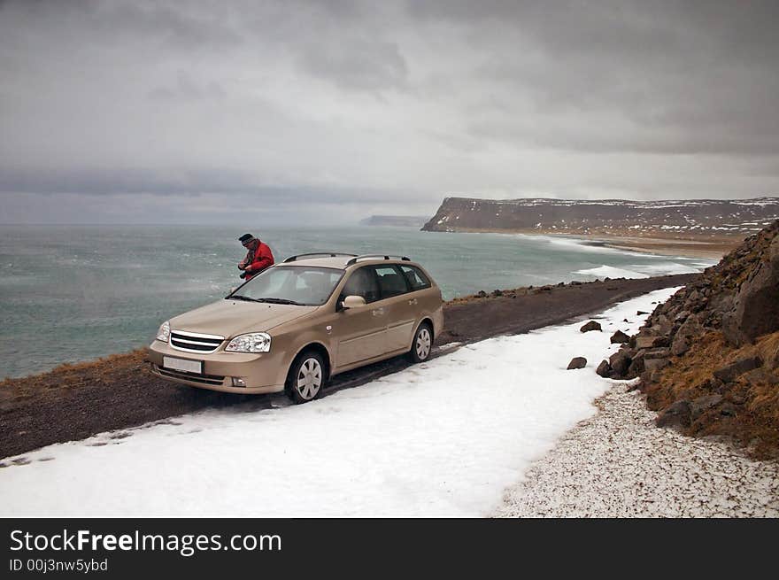 Car standing on the road in Latrabjarg, Iceland. Car standing on the road in Latrabjarg, Iceland