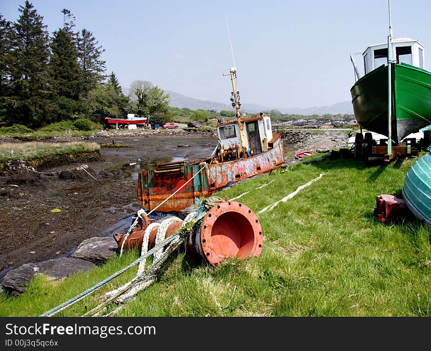 Beached Fishing Boats on a Coastal Estuary in Ireland with the Tide out