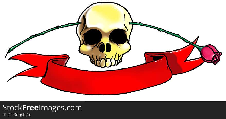 Skull, banner and rose tatoo (vector illustration)