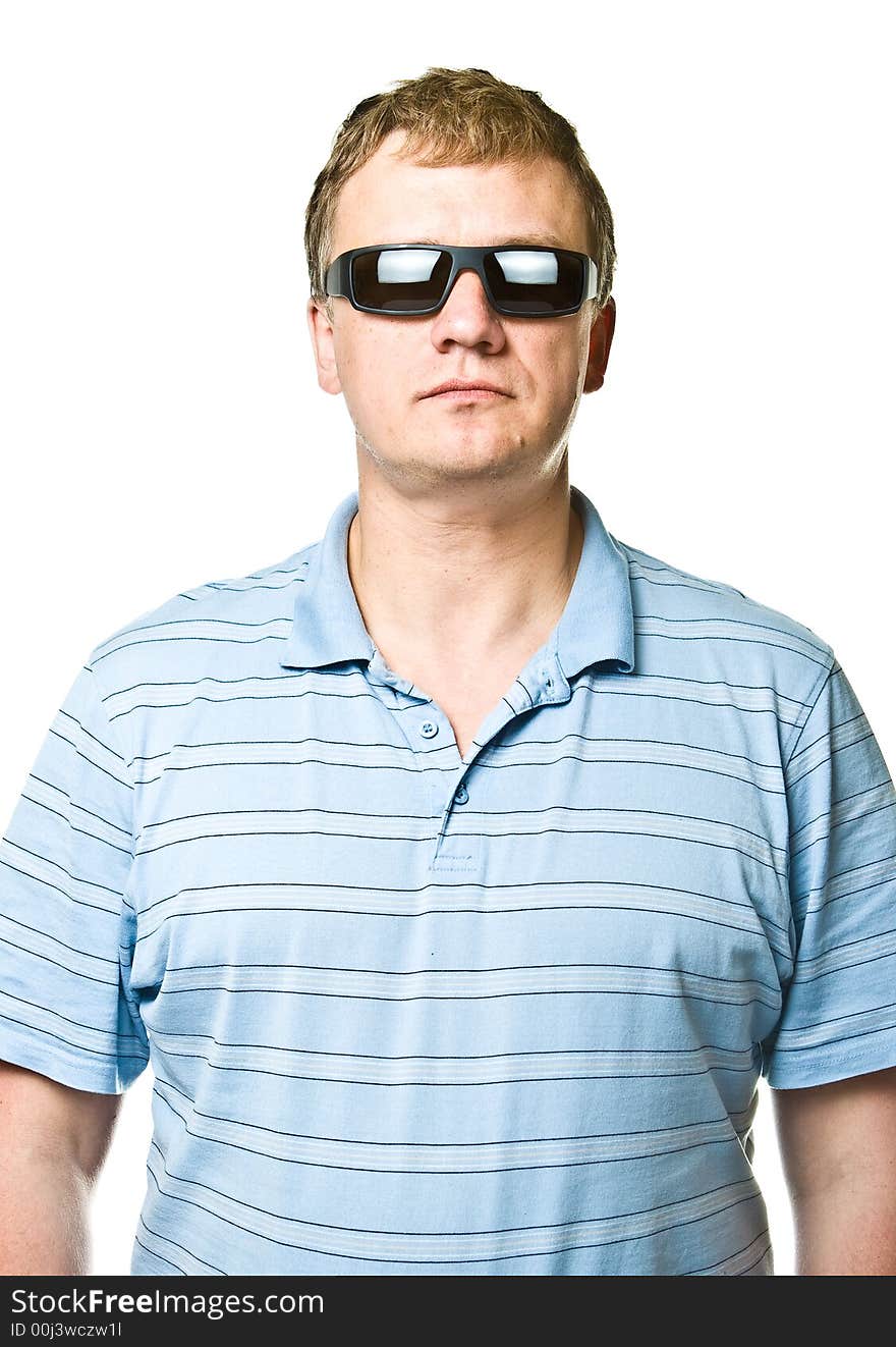 Portrait serious men in sunglasses isolated on a white background. Portrait serious men in sunglasses isolated on a white background