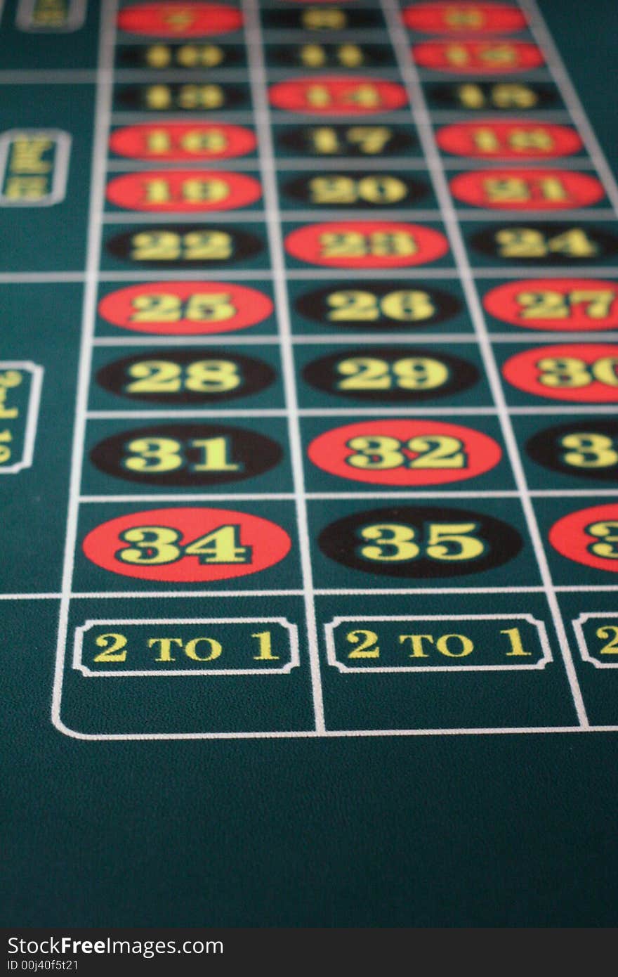 A closeup of a roulette table showing small odds. A closeup of a roulette table showing small odds