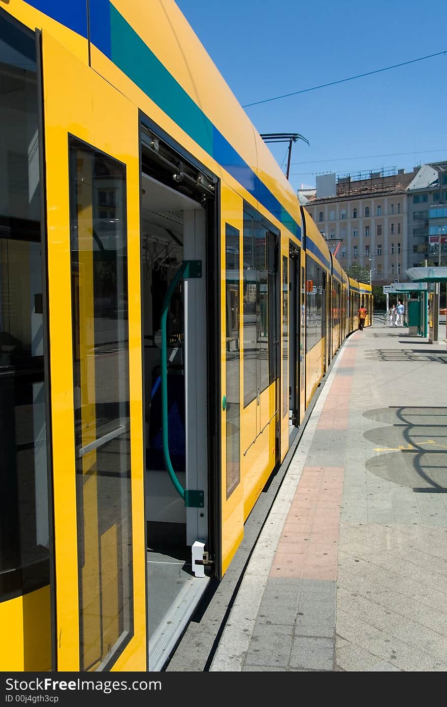 Longest articulated tram in the world exterior in Budapest (Hungary) at station.