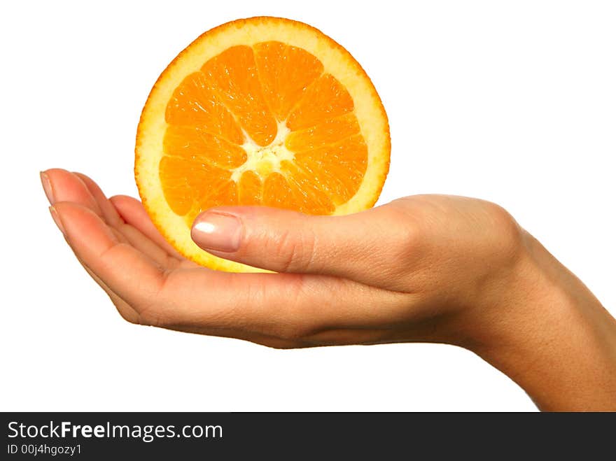 Human Hand Isolated on White: Holding an Orange Slice