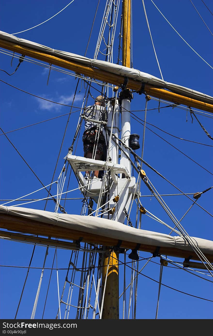 Sailor up in the crow's nest of a tall ship. Sailor up in the crow's nest of a tall ship