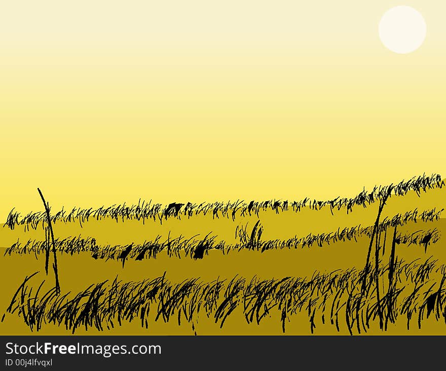 Landscape scene with grass and fields and a yellow sky. Landscape scene with grass and fields and a yellow sky