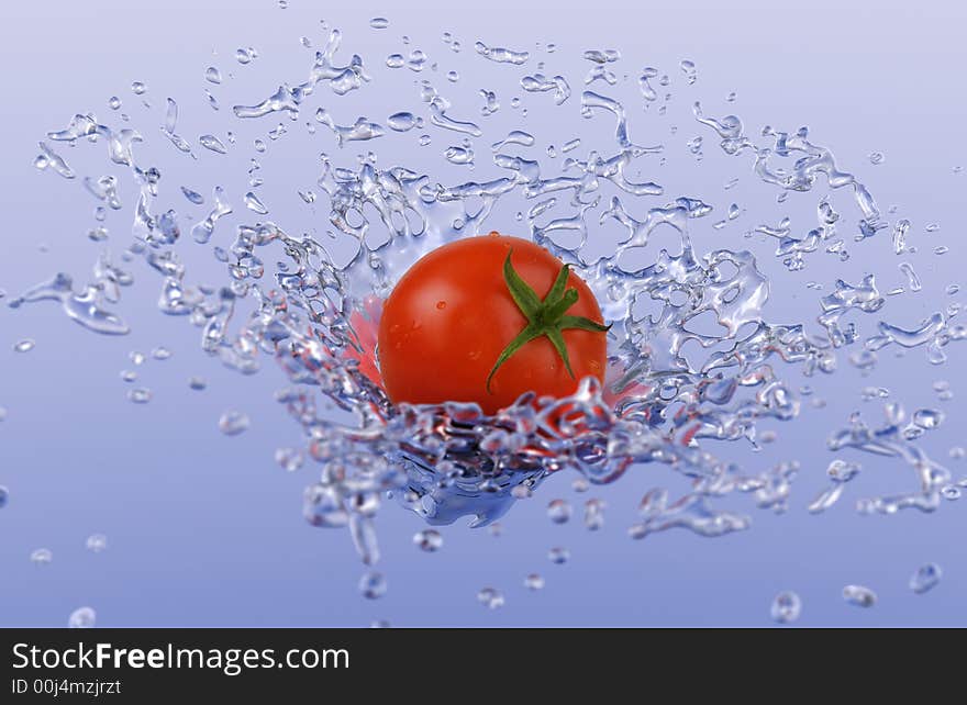 A ripe tomato suspended in the air with a spash of water behind it. A ripe tomato suspended in the air with a spash of water behind it.