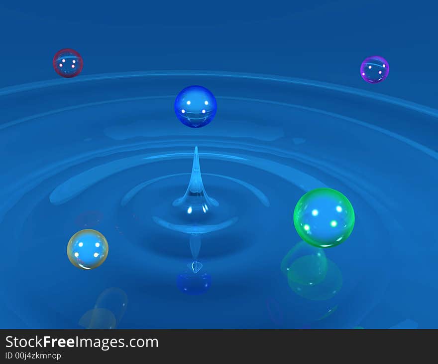 Colorful water drops with wavy water surface