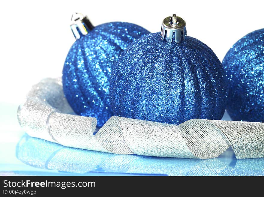 Blue Christmas balls with ribbon