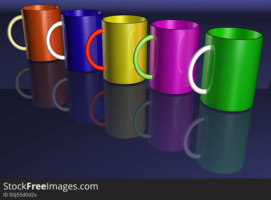 Colorful cups on blue reflective surface