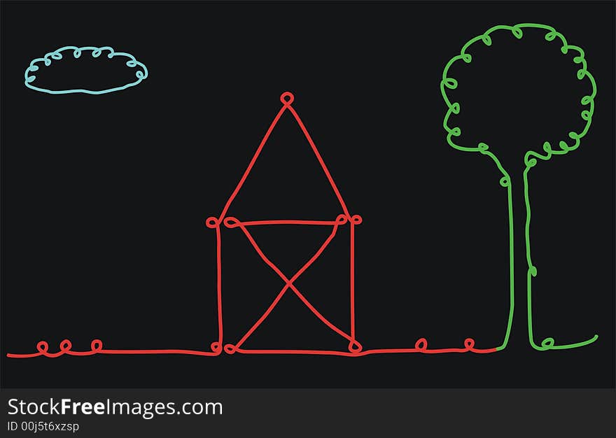 Abstract drawing of a home with a tree and a cloud. Abstract drawing of a home with a tree and a cloud