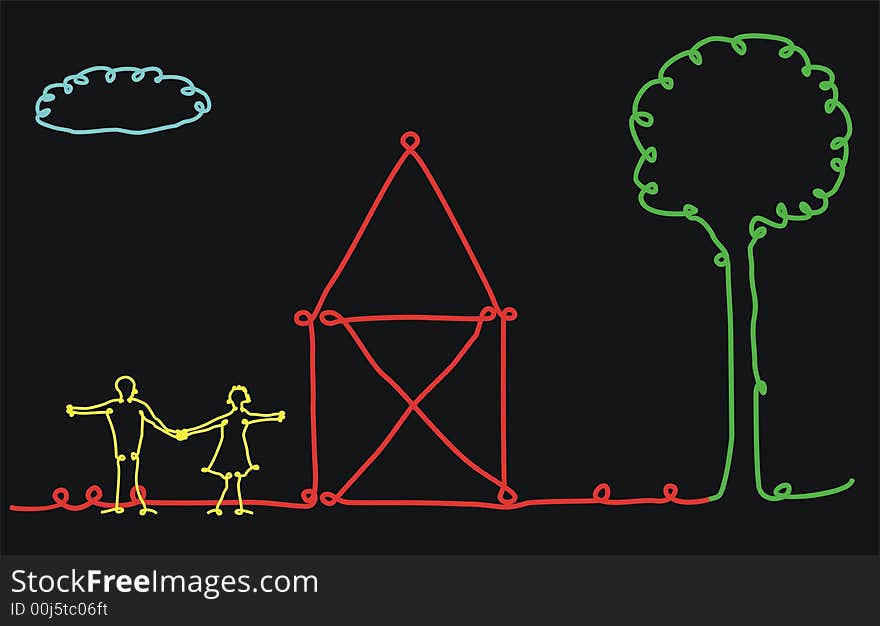 Abstract drawing of a home with couple, tree and cloud. Abstract drawing of a home with couple, tree and cloud