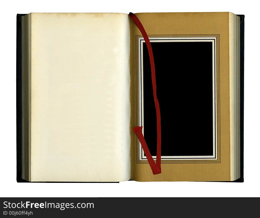 Opened old book isolated with a red ribbon bookmark. over white background