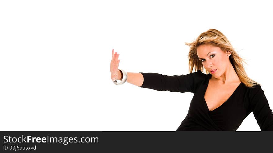 Beautiful young woman on white background