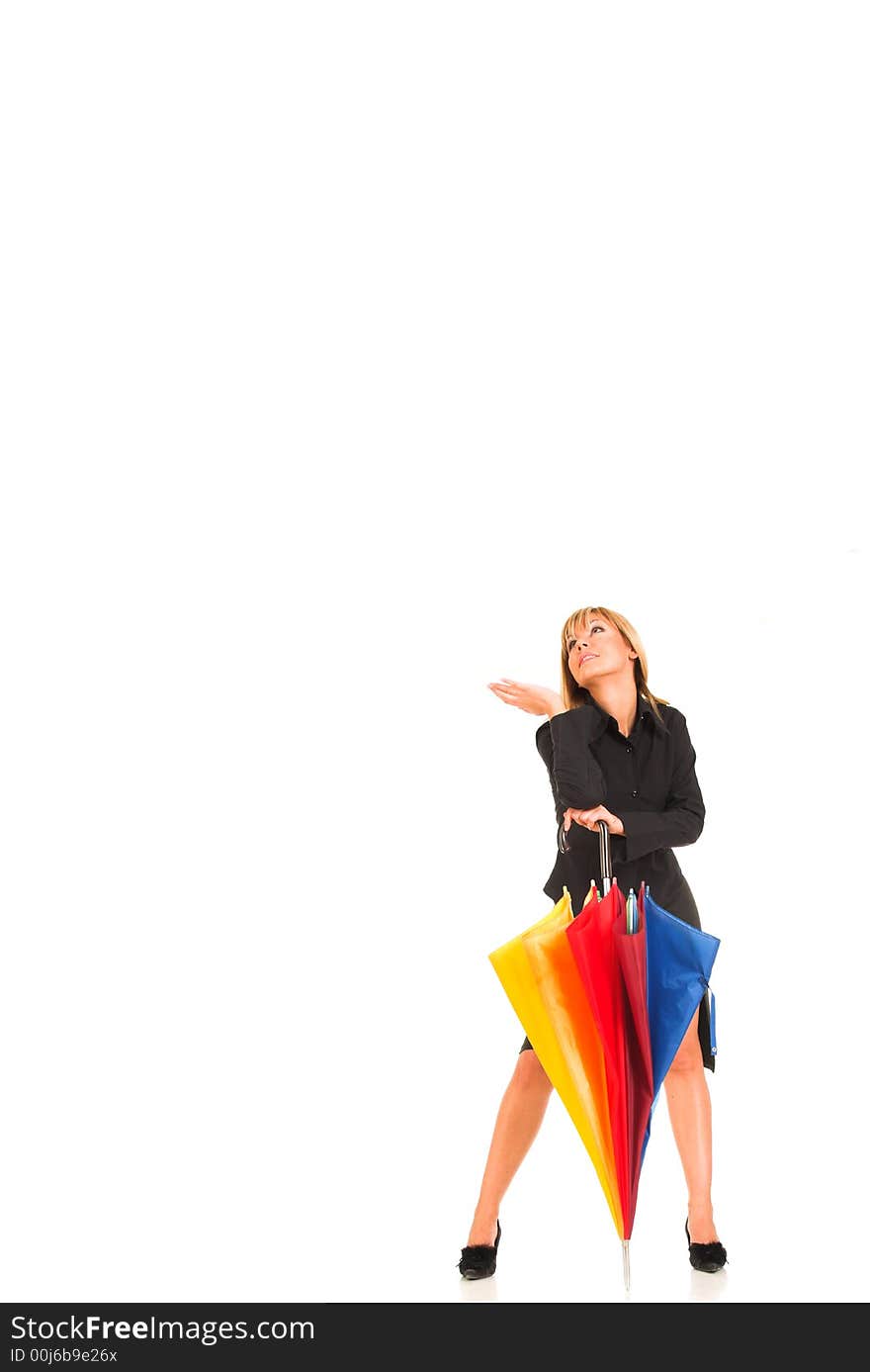 Young girl with umbrella in colors on white background