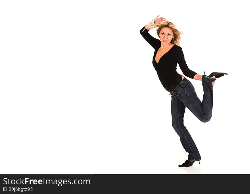 Beautiful young woman on white background