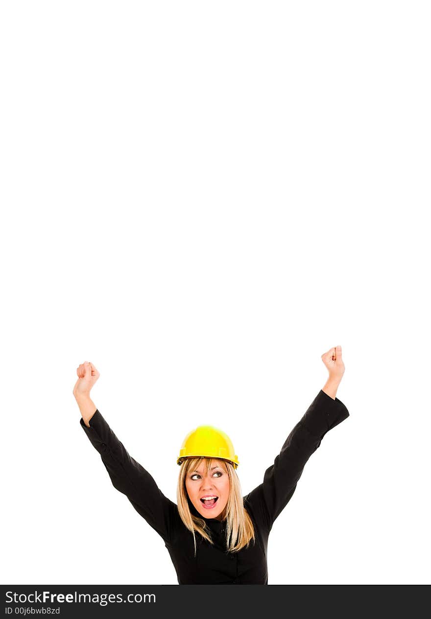 A businesswoman with happy hands raised on white background. A businesswoman with happy hands raised on white background