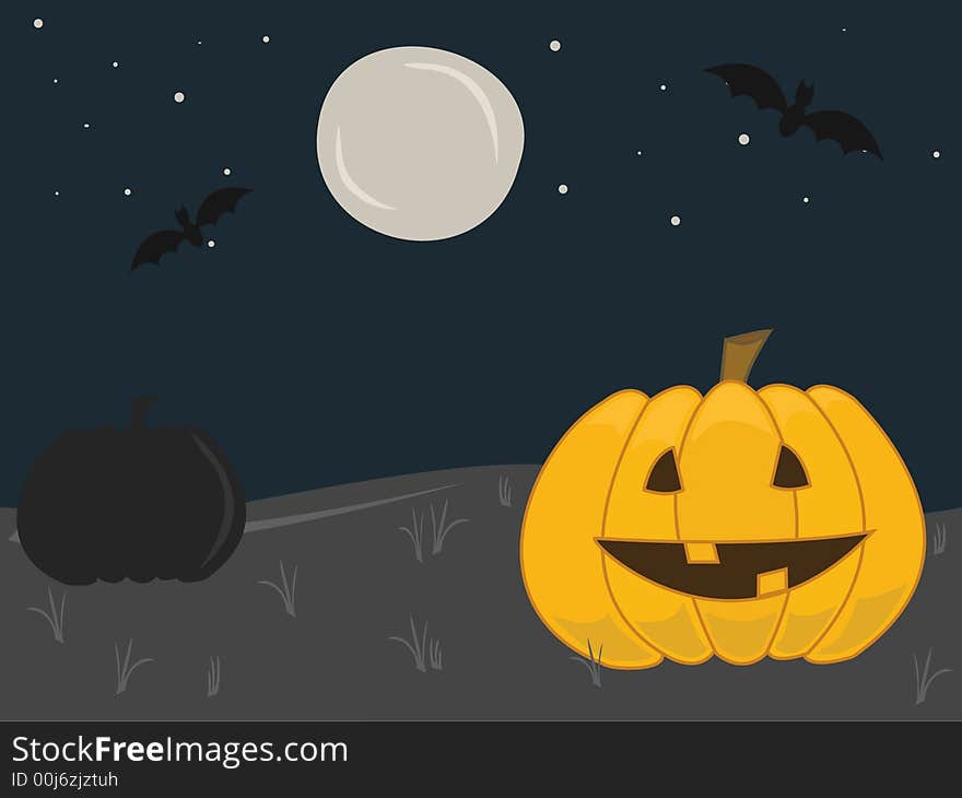 Halloween background with pumpkin, bats and moon.