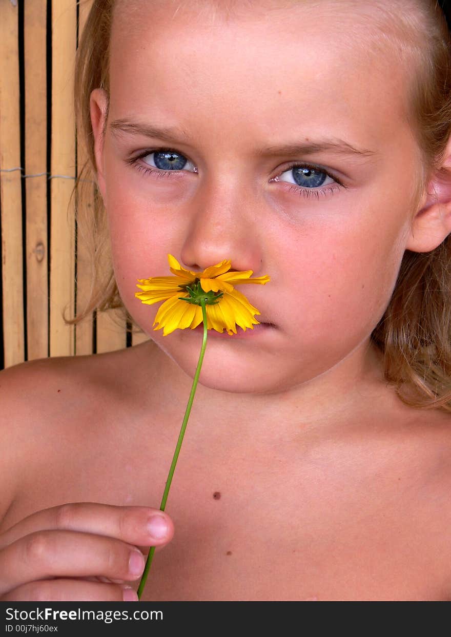 The child smelling a flower. The child smelling a flower.