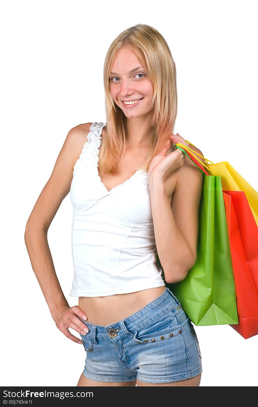 The shopping woman is dared. Isolated over white background