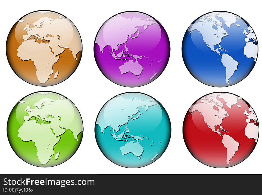 An illustration of the world showed under three different angles with six different colors. On a white background. An illustration of the world showed under three different angles with six different colors. On a white background.