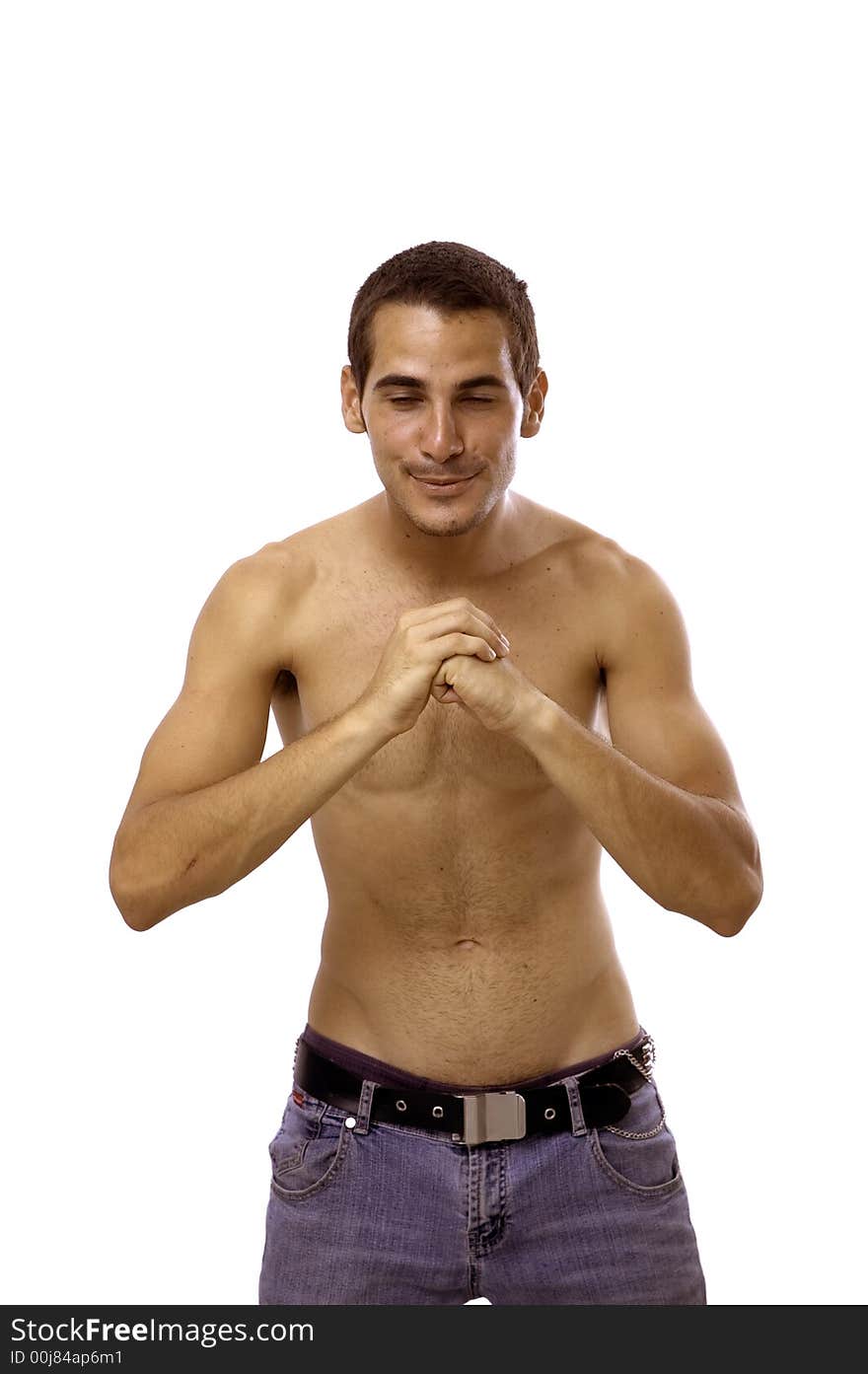 Portrait of young shirtless male practising martial arts - isolated over white background. Portrait of young shirtless male practising martial arts - isolated over white background