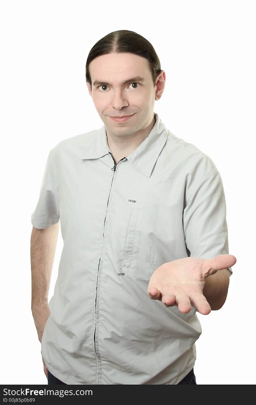 Young smiling man making a point in discussion. isolated on white. Young smiling man making a point in discussion. isolated on white