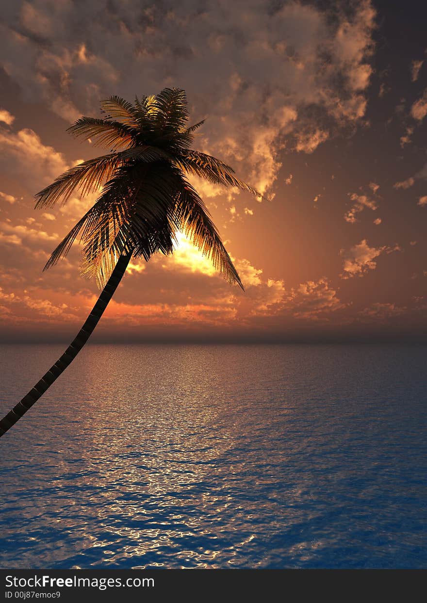 Sunset coconut palm tree on ocean coast - 3d illustration.