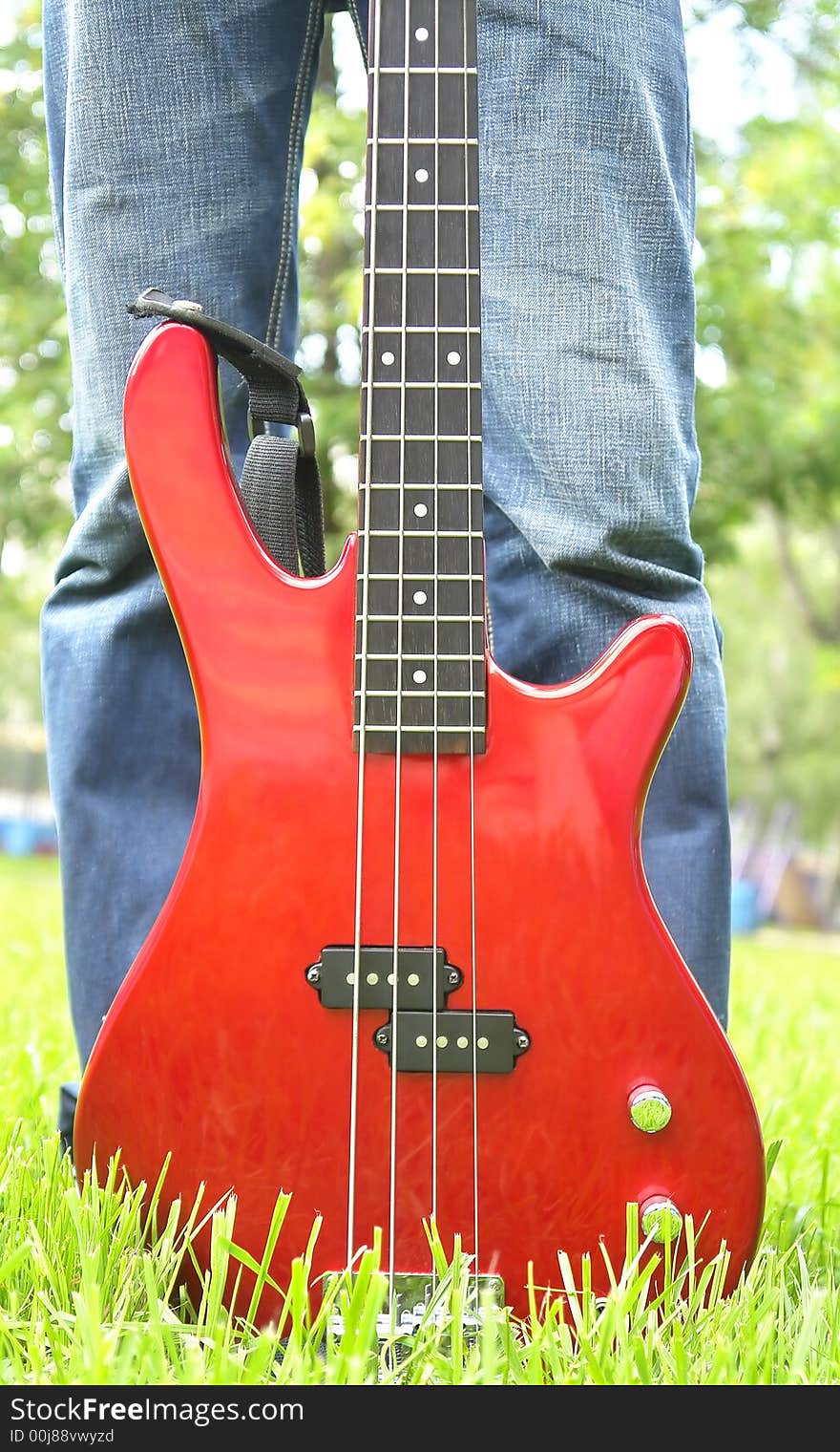 Red bass guitar on the grass