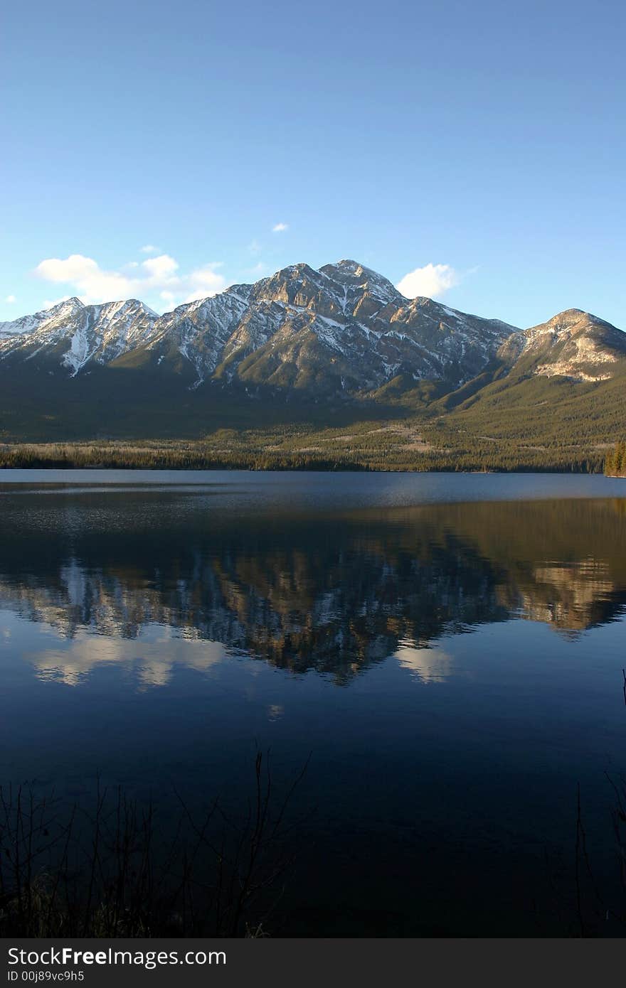 Mountain reflection and a still crystal blue lake.