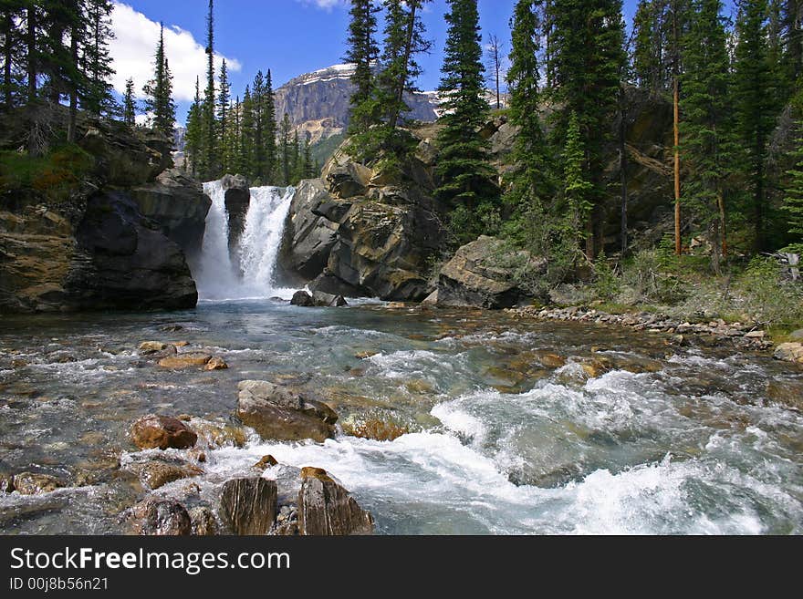 Wide angle landscape of twin waterfall and river.