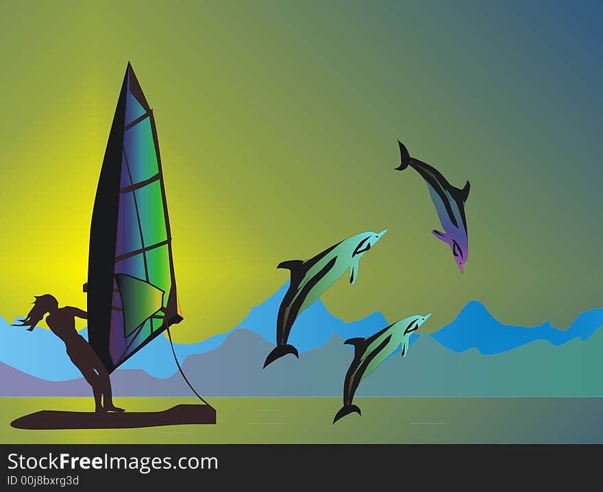 Illustration with sea, dolphins and windsurfer. Illustration with sea, dolphins and windsurfer