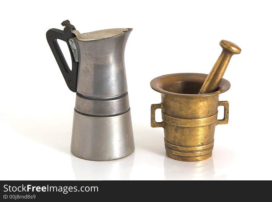 Coffee kettle and very old grinder