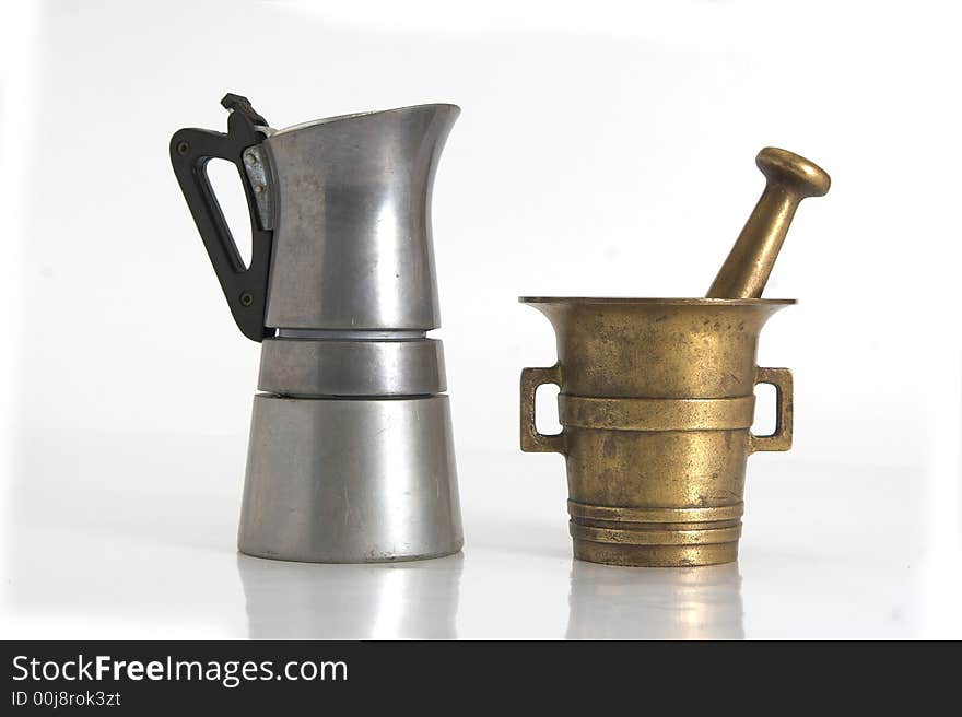 Coffee kettle and very old grinder